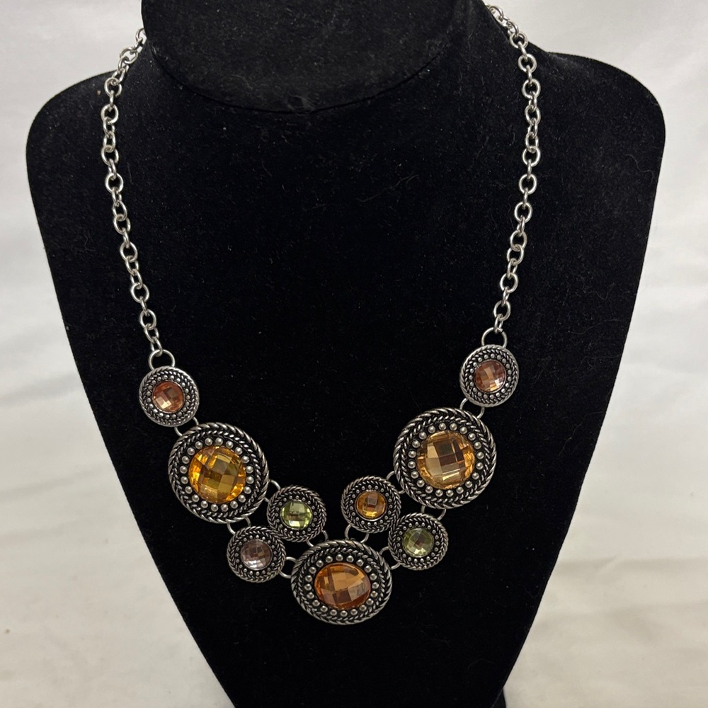 Premier Designs Chiffon Silver Tones Necklace with Amber and Green Highlights